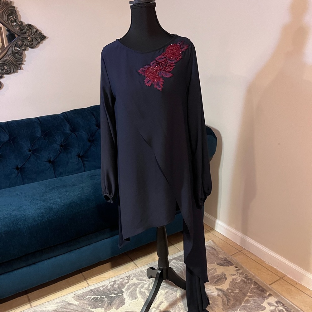 Navy Blue Asymmetrical Top with Red Floral Embroidery